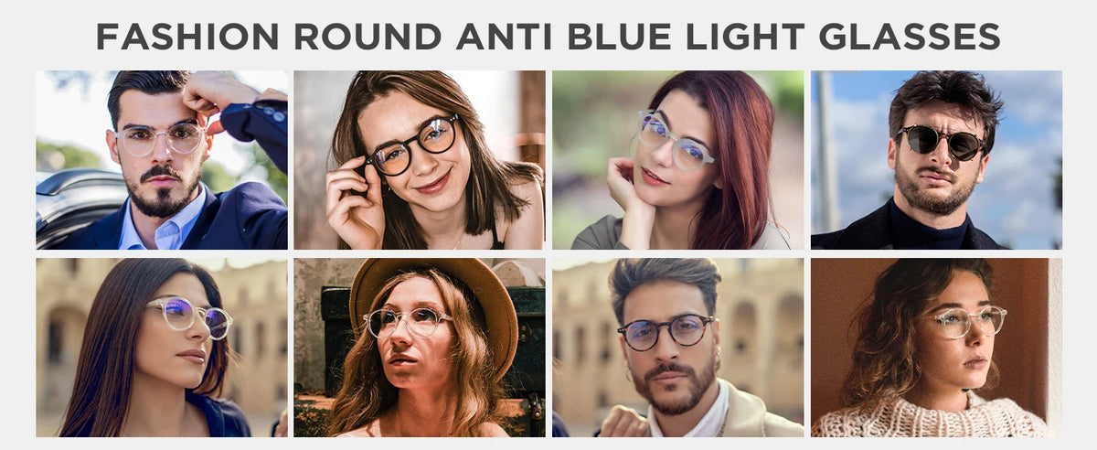 A collage of diverse people wearing anti-blue light glasses for reading and protection.