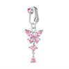 Silver fashion belly button rings featuring a pink butterfly charm and a diamond pendant.