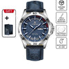 A dark blue PAAZOMU watch with a silver casing and blue dial, featuring scratch resistance and water resistance.