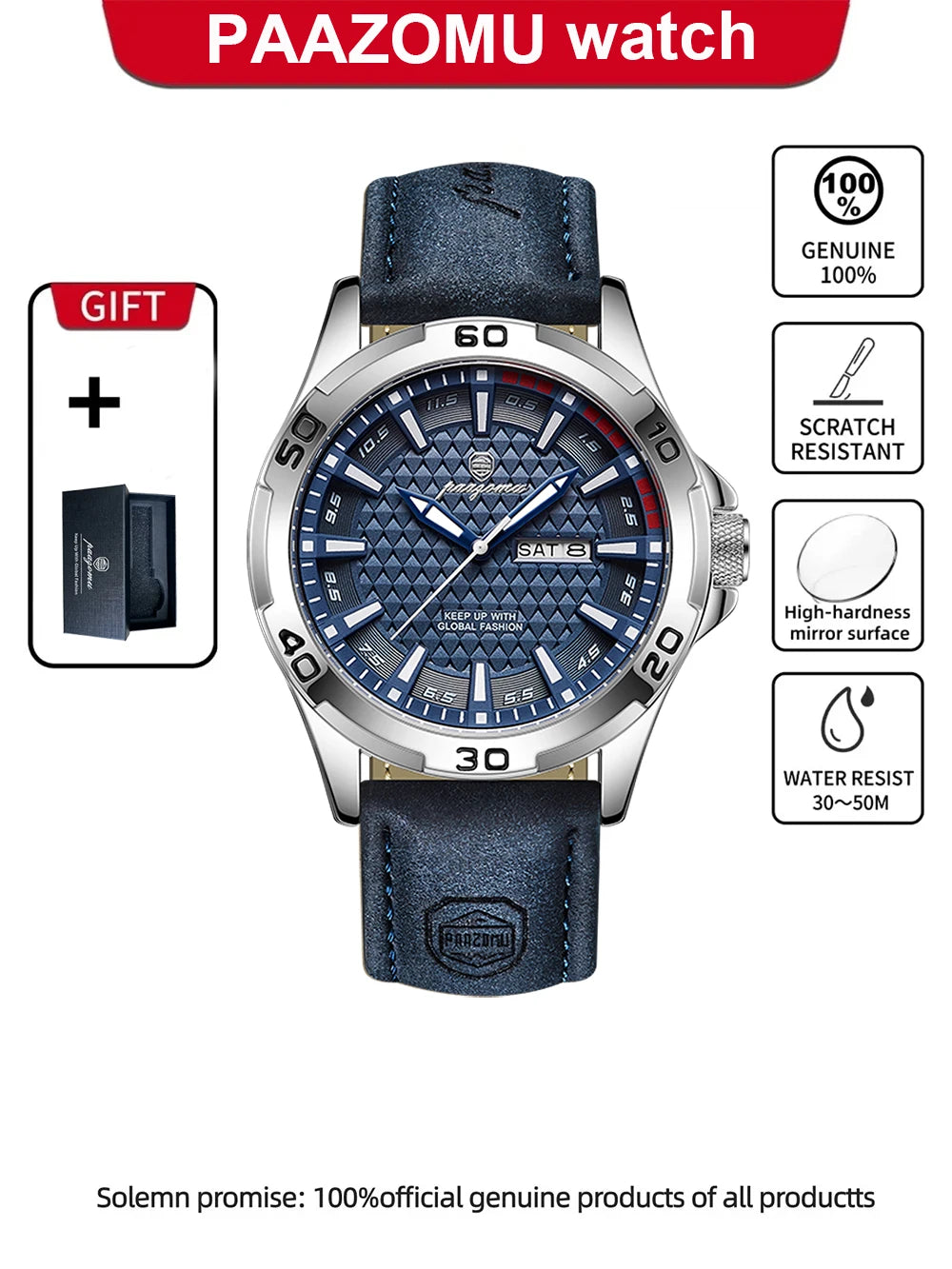 A dark blue PAAZOMU watch with a silver casing and blue dial, featuring scratch resistance and water resistance.