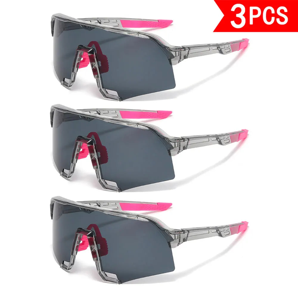 Three pairs of large frame trendy eyewear sunglasses in gray with pink accents