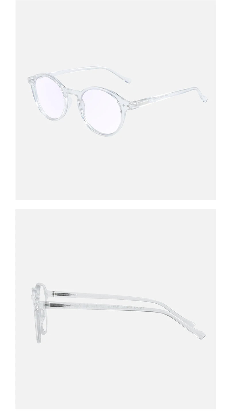 Clear plastic anti-blue light reading glasses with thin metal frames shown in two views.