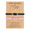 Two beaded bracelets, one black and one pink, are displayed on kraft paper with a 'Pinky Promise' message.