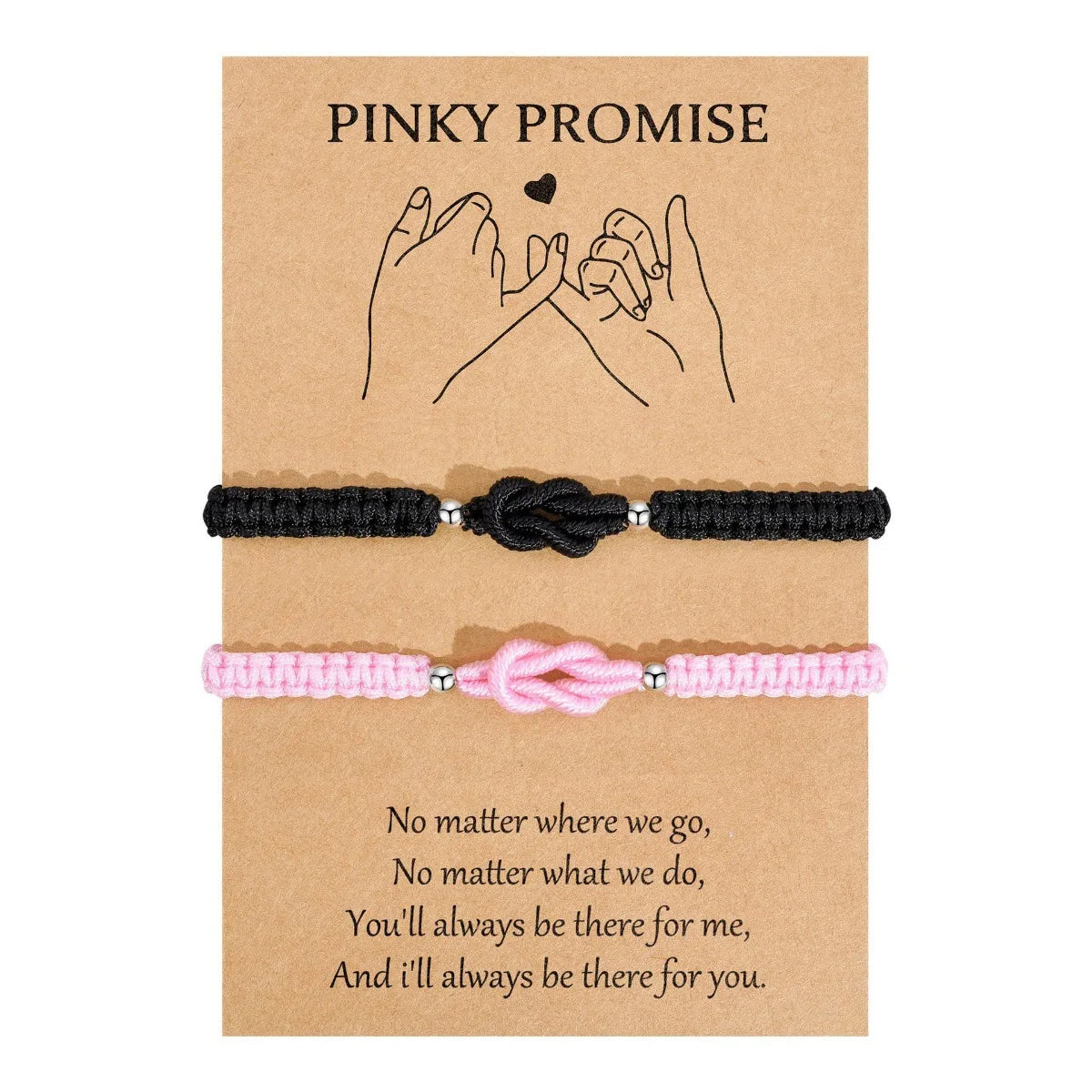 Two beaded bracelets, one black and one pink, are displayed on kraft paper with a 'Pinky Promise' message.