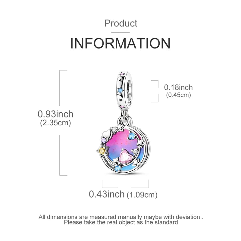 Sterling silver star moon charm bracelet featuring a colorful, iridescent gemstone pendant.