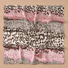 A square satin scarf featuring a leopard print pattern in shades of pink, brown, and white.