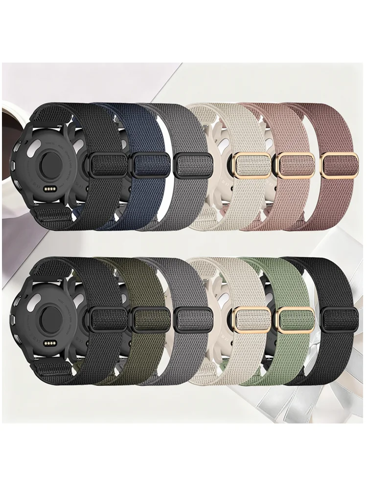A collection of stretchy nylon watch bands in various colors and patterns for Garmin devices.