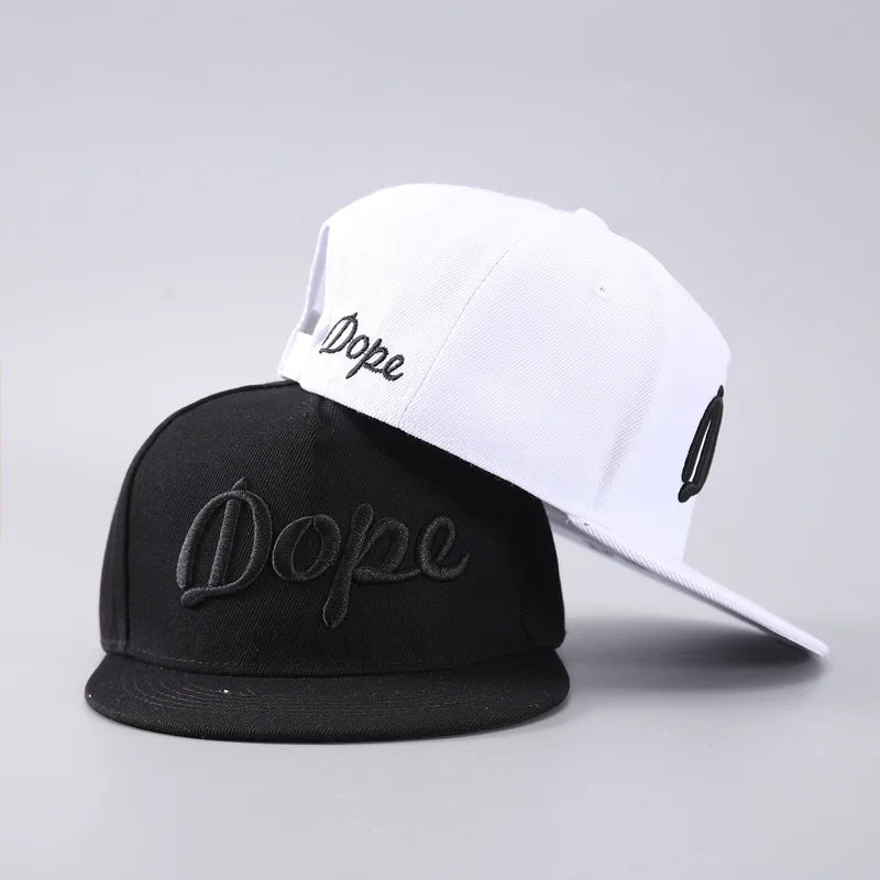 A black baseball cap with white text spelling Dope is shown tilted against a light gray background.
