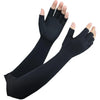 Black compression gloves for hand and wrist relief, showing the full length of the sleeves.