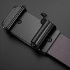 A close-up shot of a black PU leather fashion belt with a silver buckle and a dark gray strap.