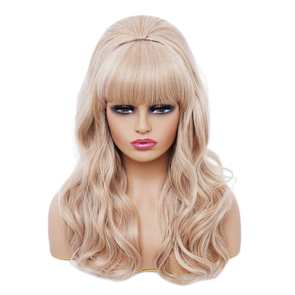Long wavy blonde wig with a big bouffant beehive style