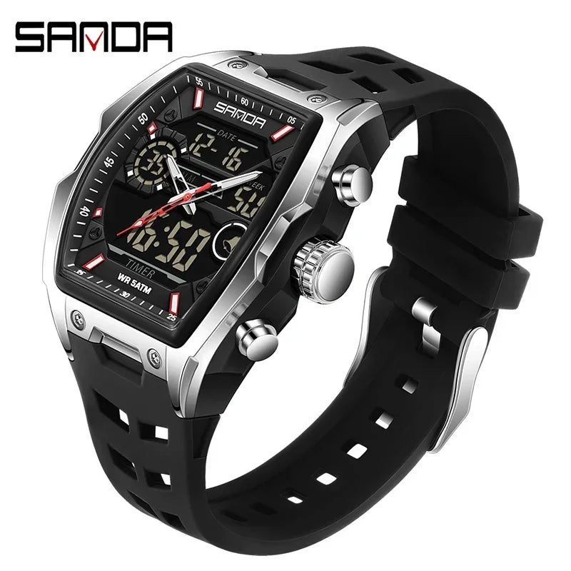 Schwarze Herren-Chronographen-Armbanduhr mit silbernem Gehäuse und schwarzem Armband.