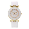 A white quartz wristwatch with a gold-tone case and bracelet, featuring a glitter dial.