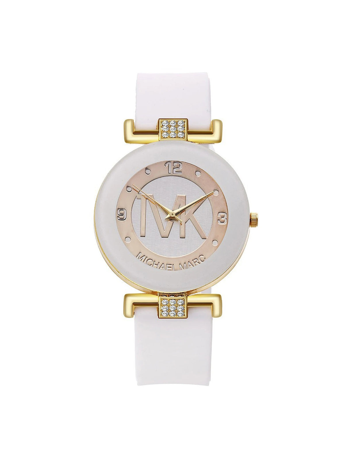 A white quartz wristwatch with a gold-tone case and bracelet, featuring a glitter dial.