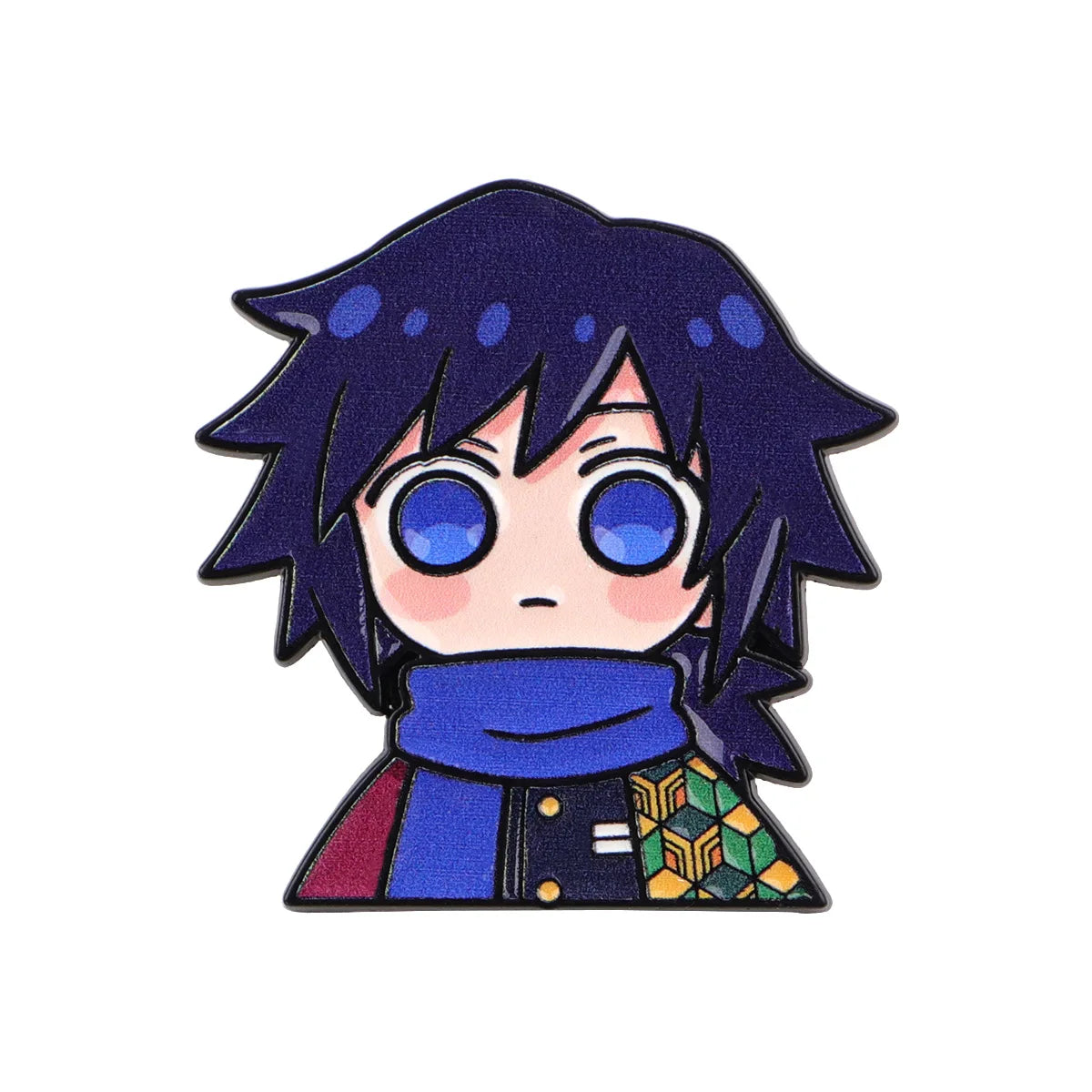 An enamel pin featuring an anime character with dark blue hair and large blue eyes wearing a blue scarf.