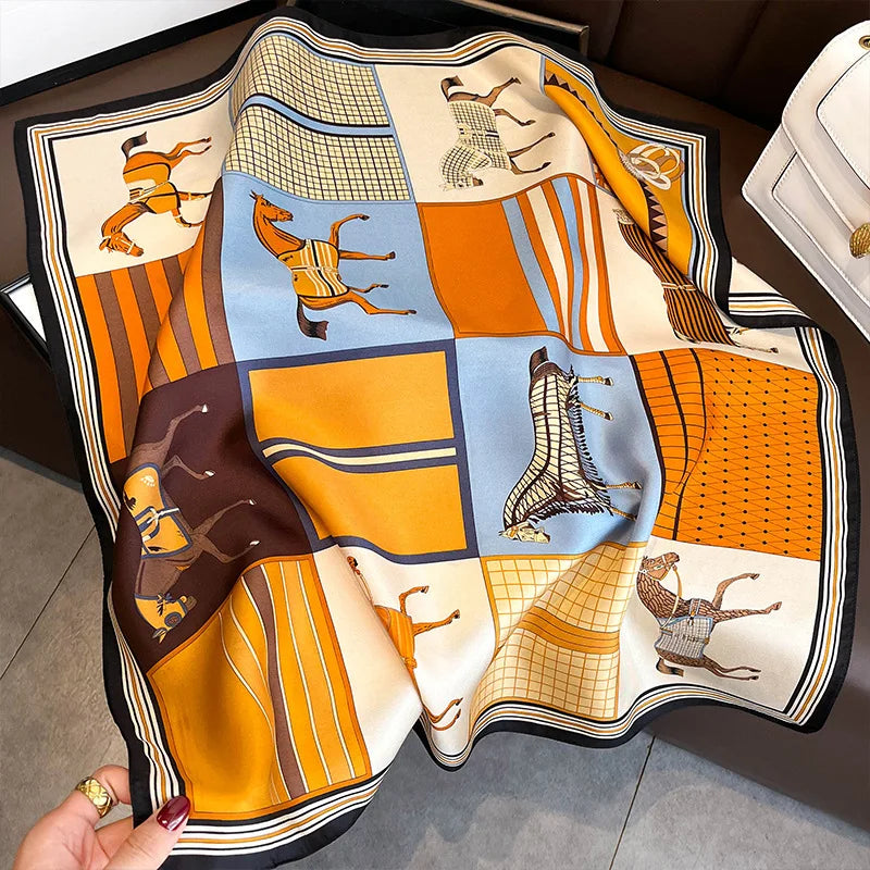A colorful fashion silk scarf and headband set featuring geometric patterns in orange, yellow, and blue tones.