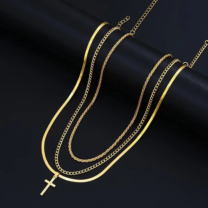 Gold stainless steel cross necklace set with three layered chains
