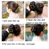 Step-by-step instructions showing how to put a synthetic curly hair bun clip-in into the hair.