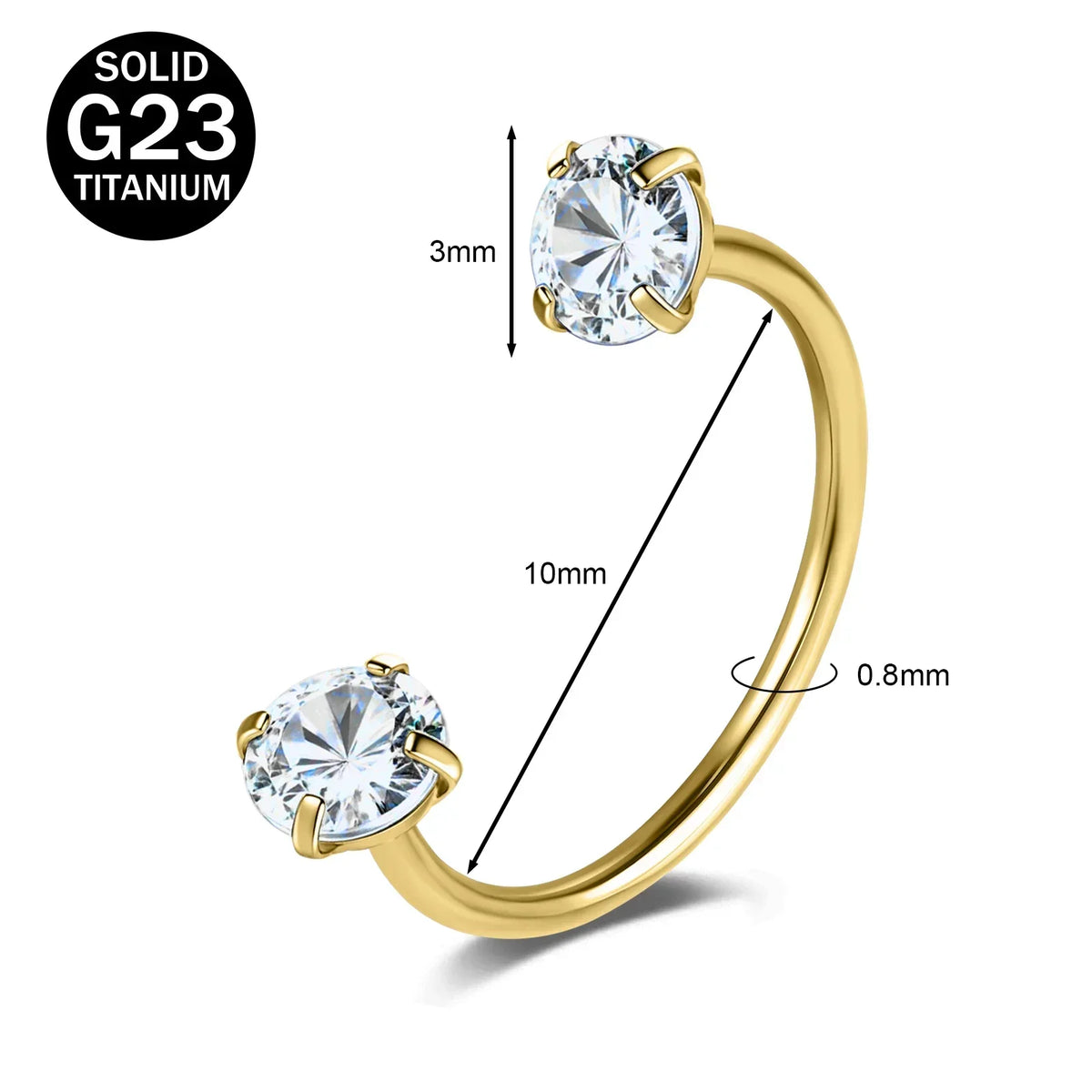 A gold-toned titanium nose ring featuring a round CZ crystal gemstone.