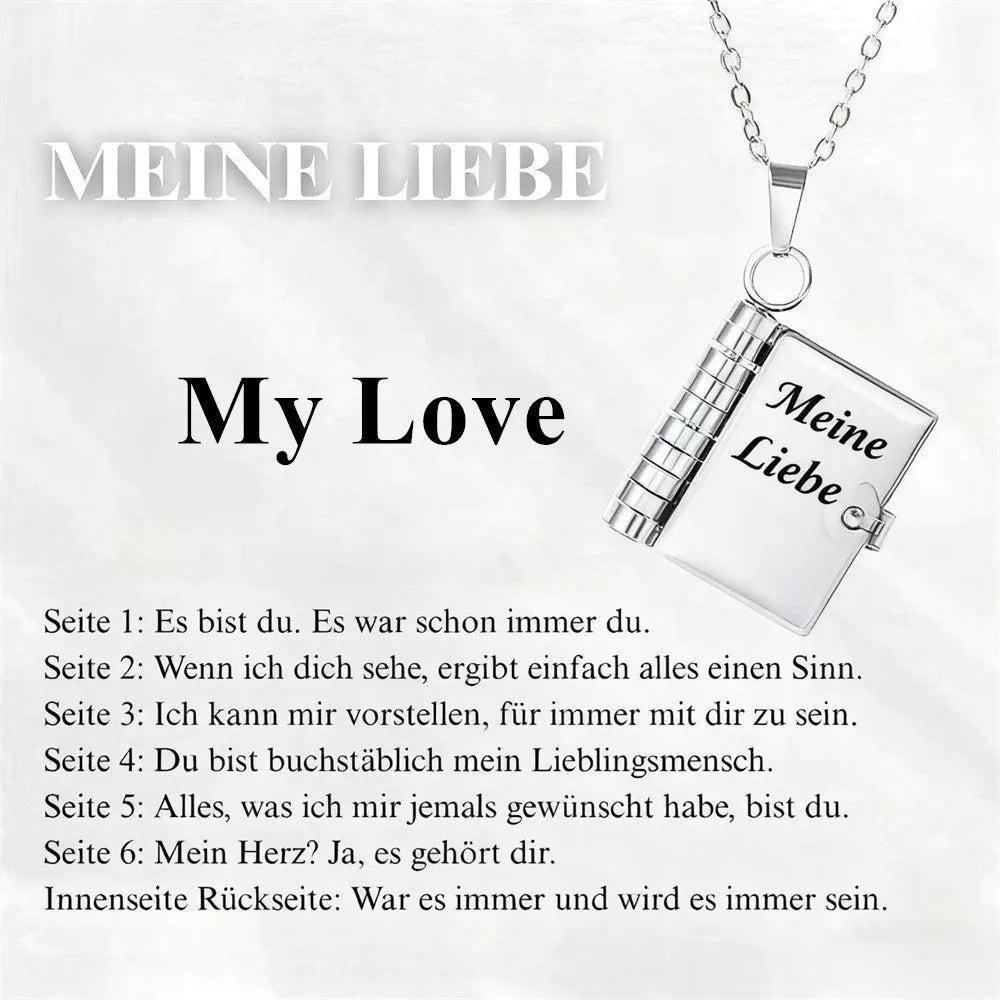Silberverzierte Anhängerkette mit deutschem Text auf weißem Hintergrund