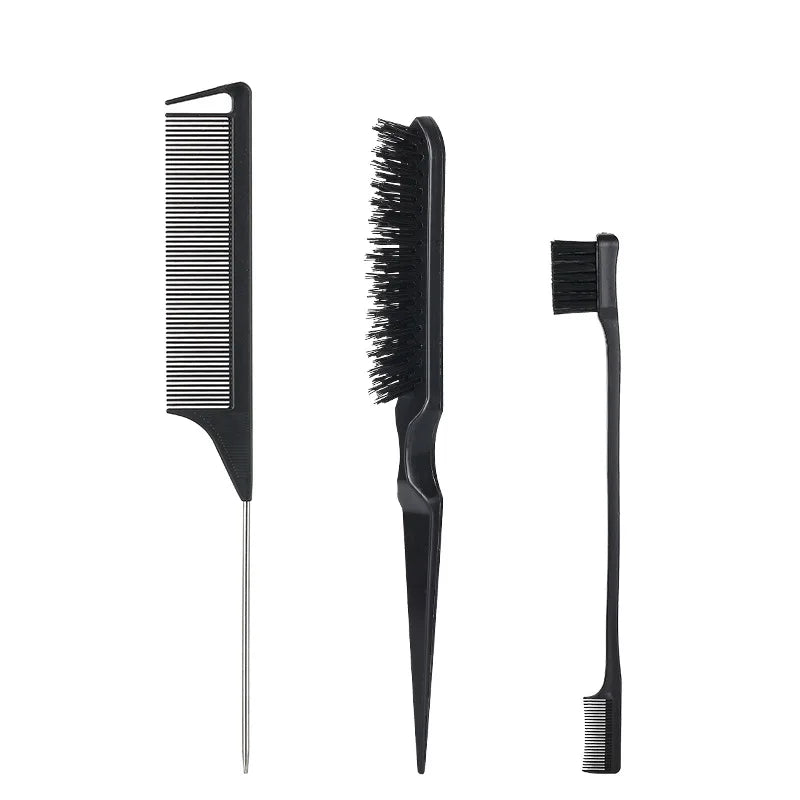 A set of black hair rollers and styling tools including a comb and a brush.