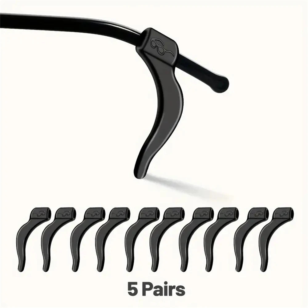 A set of five pairs of black silicone anti-slip ear hooks for eyeglasses.