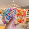 A hand holds two clear plastic bags filled with colorful fluffy elastic hair bands for girls