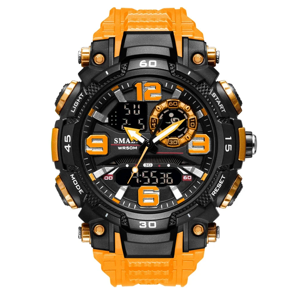 An orange and black digital wristwatch with a prominent bezel and crown, featuring a dark face and subdials.