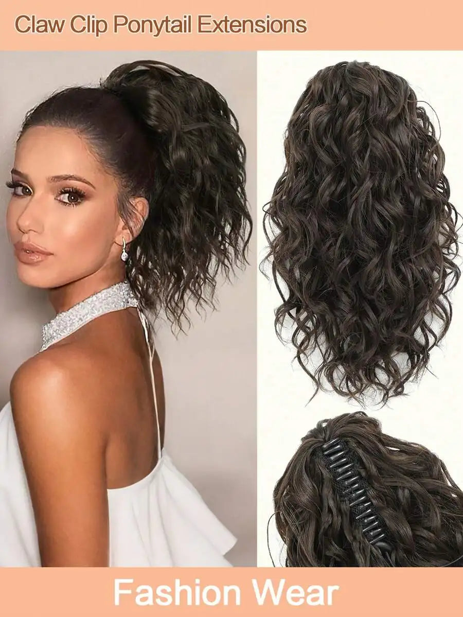 Una mujer modela extensiones de coleta con pinzas rizadas en cabello castaño oscuro, mostrando la moda.