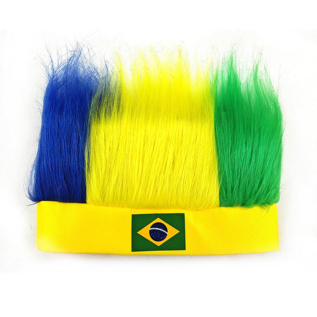 Football-Fan-Perücke mit Stirnband, in den Farben und Flagge Brasiliens: blau, gelb und grün.