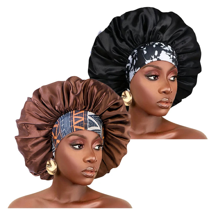 A model wears a black satin sleep bonnet with an elastic band and gold accent, shown in profile.