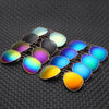A pair of men's aviator sunglasses with gold and silver frames displaying various iridescent color lenses.