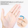 A hand wearing a diamond ring, demonstrating the invisible ring sizer tools.