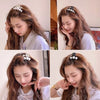 A woman with long brown hair is shown wearing simulated pearl hair claws in various styles.