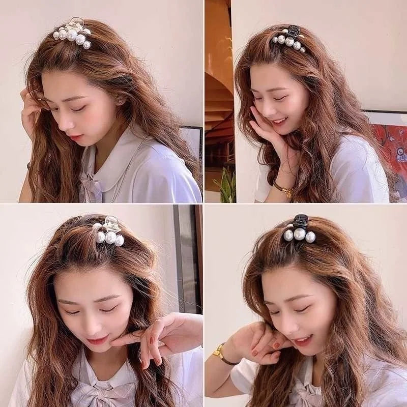 A woman with long brown hair is shown wearing simulated pearl hair claws in various styles.