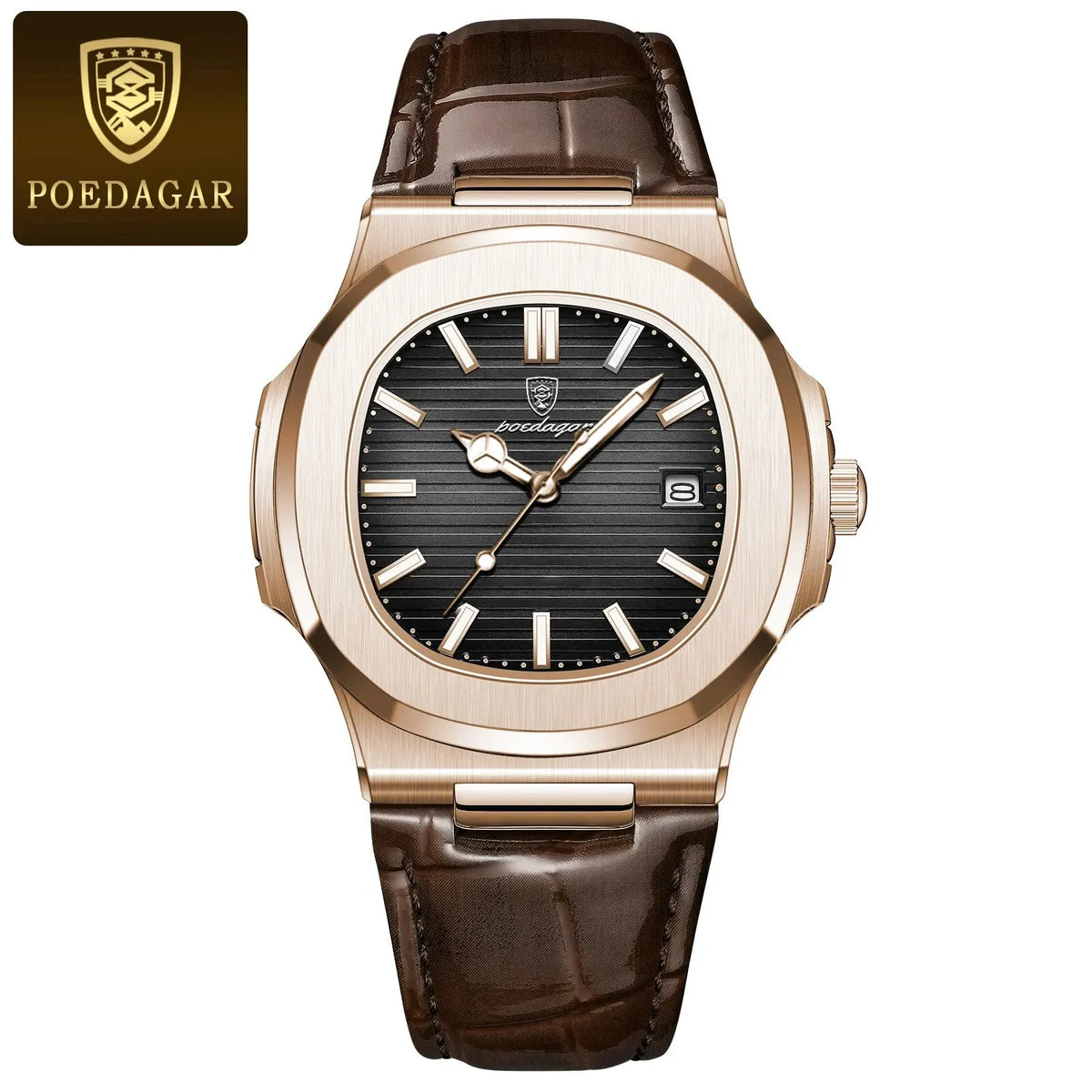 A rose gold leather strap watch with a black dial and silver hands, featuring a prominent logo.