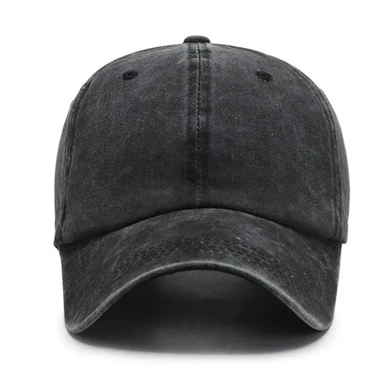 A black casual baseball cap shown from the front view.