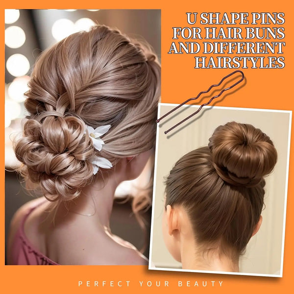 U shape pins for hair buns and hairstyles shown with brown hair