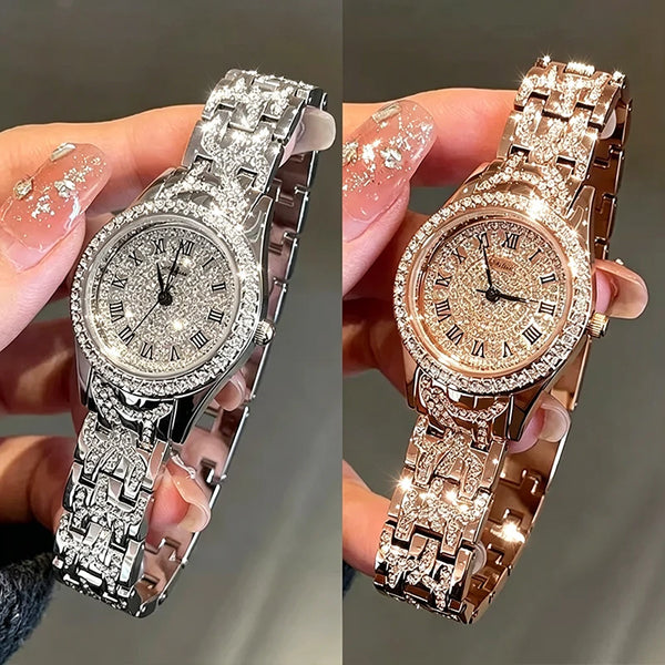 A close-up photo of a silver rhinestone quartz watch on a black strap and a rose gold version with diamond accents.