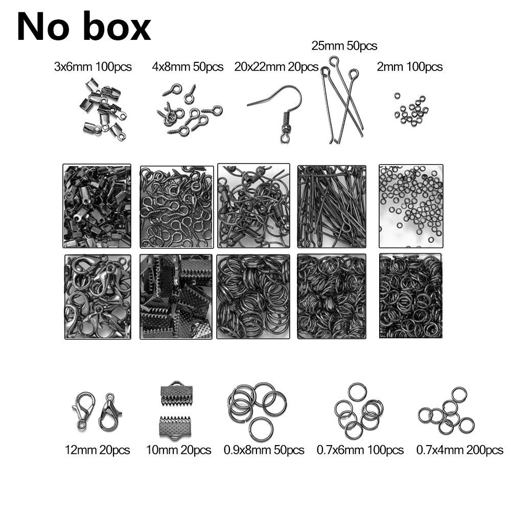 A collection of jewelry findings including clasps, hooks, jump rings, and various sizes of metal components.