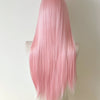 A long, straight, pink wig displayed on a mannequin.