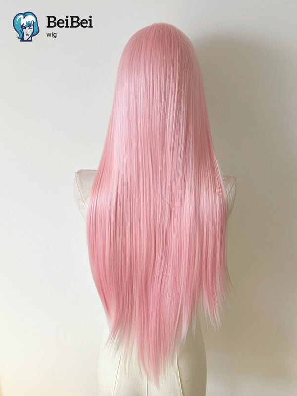 A long, straight, pink wig displayed on a mannequin.