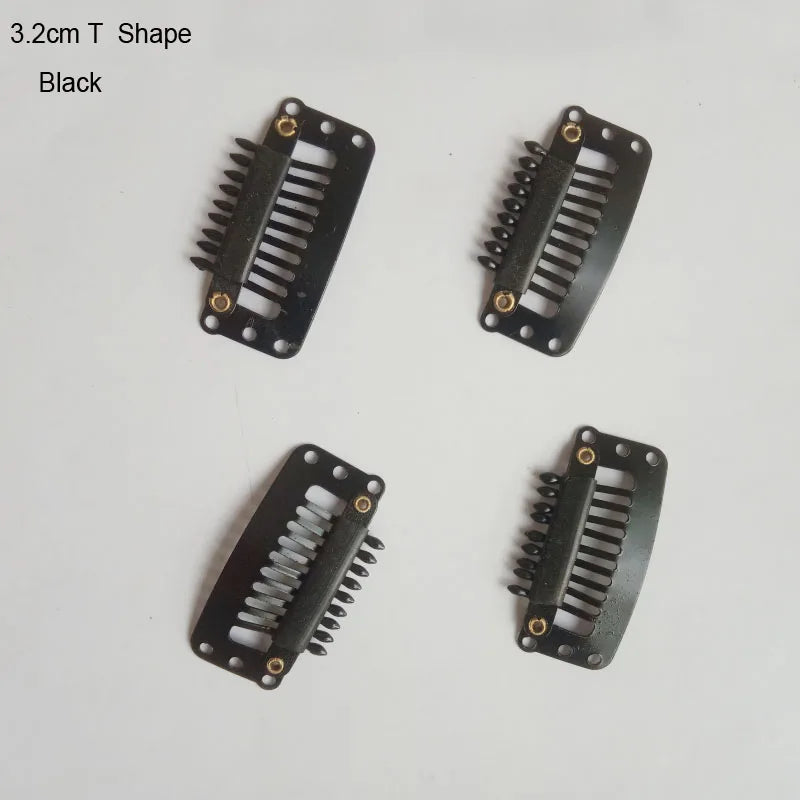 A set of black 3.2cm T-shape precision hair extension clips.