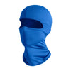 A bright blue breathable ice silk scarf or buff worn on a person's head and neck.
