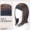 A model shows a brown ombre bob hairstyle with a black soft headband, highlighting the premium ribbon and breathable features
