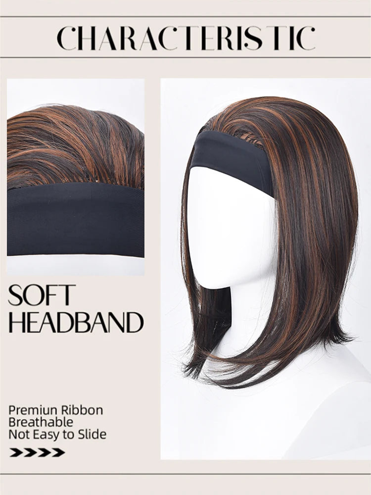 A model shows a brown ombre bob hairstyle with a black soft headband, highlighting the premium ribbon and breathable features