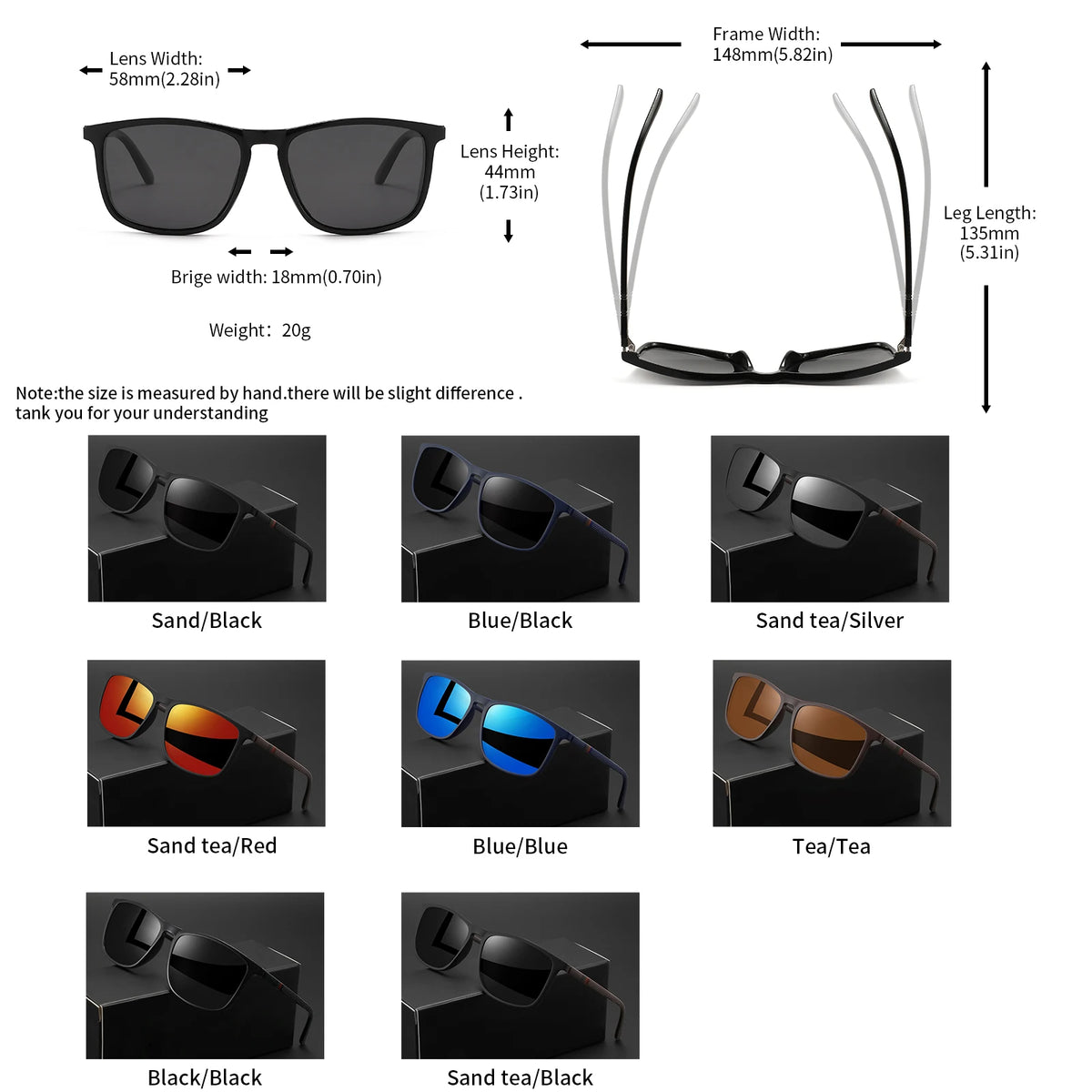 A collection of classic square sunglasses in various colors including black, silver, blue, and brown tones.