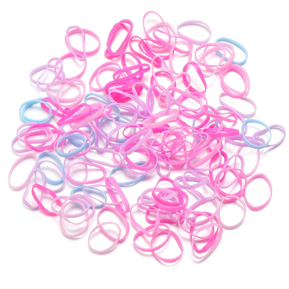 A pile of colorful elastic hair ties in pink and blue shades.