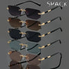 A set of five pairs of retro square frameless sunglasses in various shades of brown and gray.