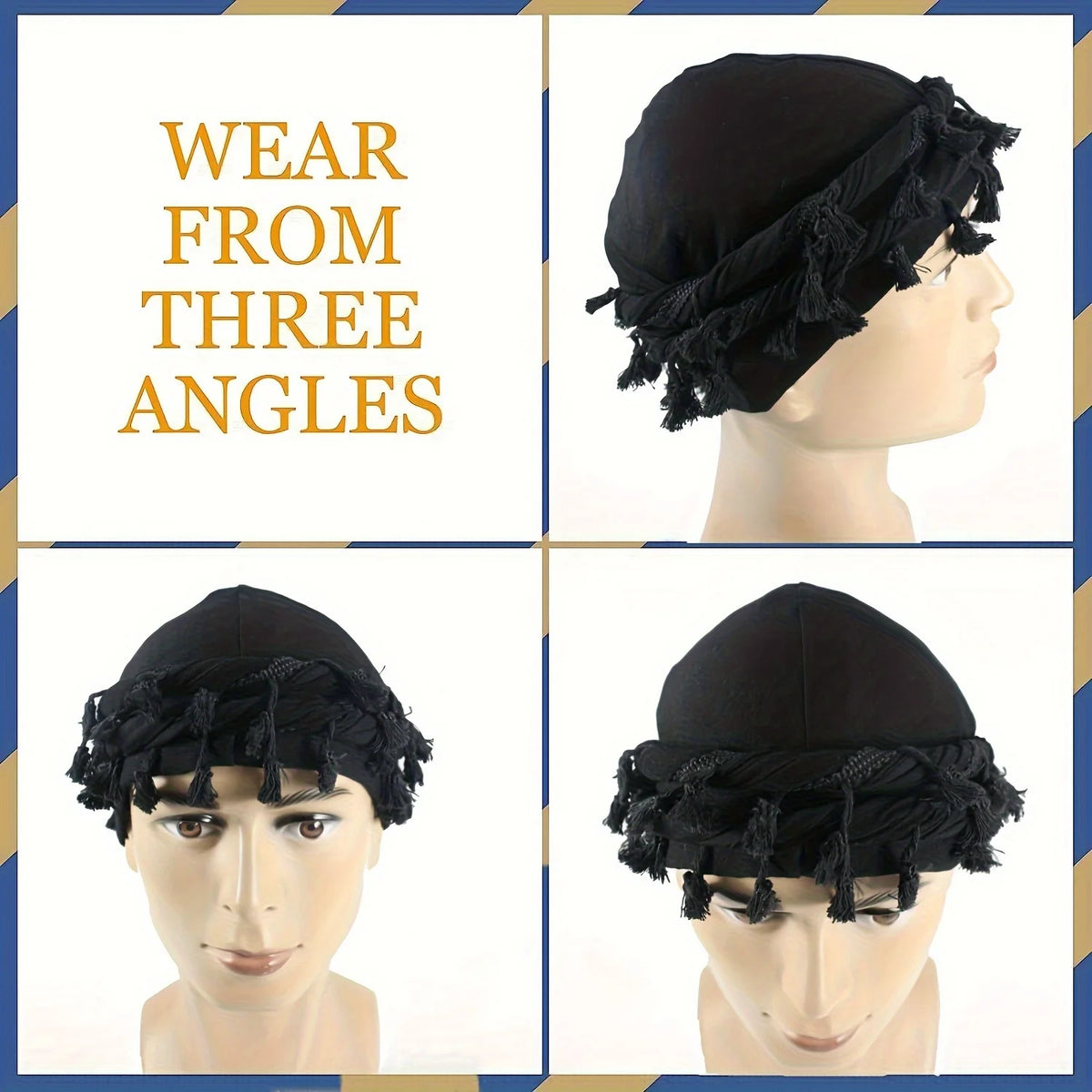 Black stretch modal and satin turban head wrap shown from three different angles on a mannequin.